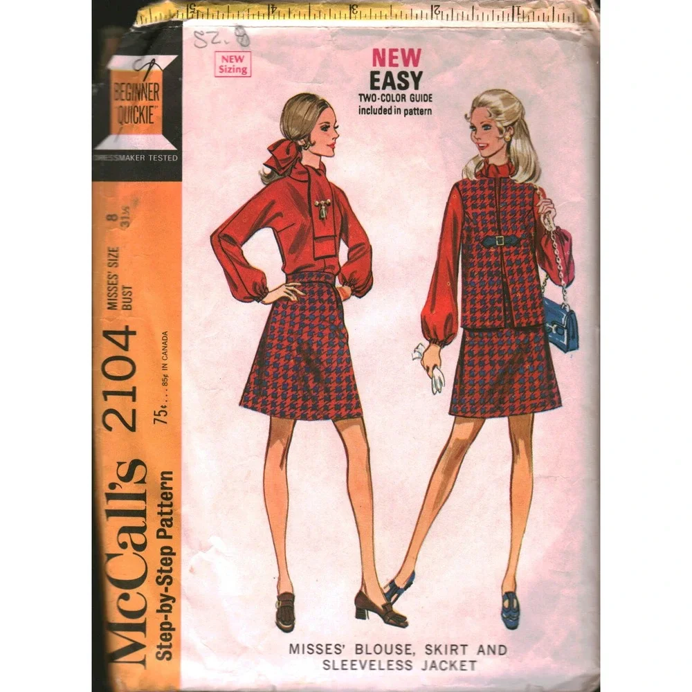 Vintage 1969 McCalls 2104 Sewing Pattern Misses Blouse Skirt Jacket Scarf Size 8